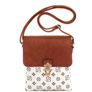 Modern Pattern Crossbody Messenger Bag White and Brown Faux Leather Many Pockets